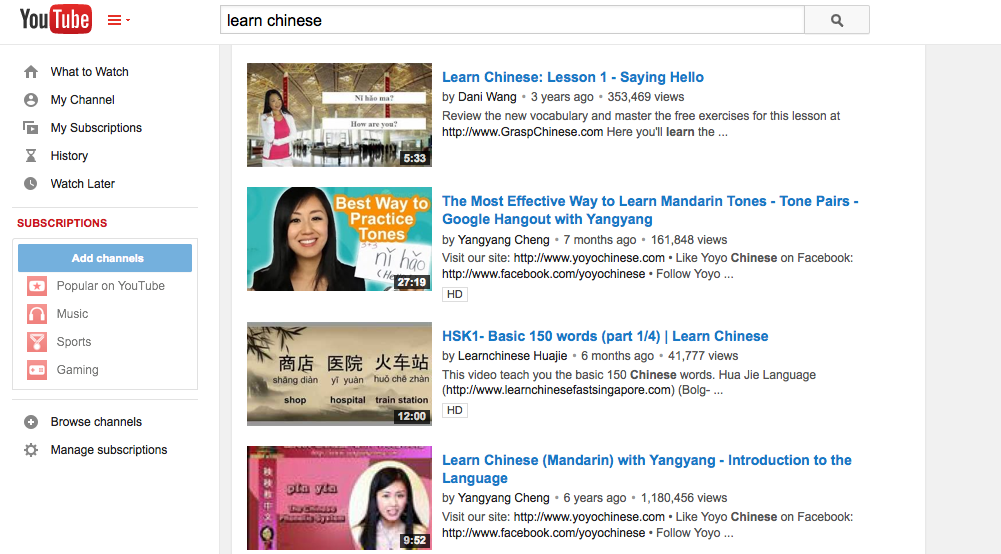 在YouTube上有很多学习汉语的方法。