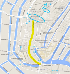 黄色:Kalverstraat。蓝色圆:三峡大坝。谷歌(谷歌地图数据,©2015)