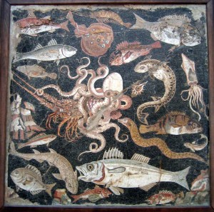 在罗马烹饪海鲜很受欢迎。数组中发现的生物,可能是一个“浴池”。Sea creatures mosaic ( Attention to the Eel near the right bottom corner) from Pompeii; National Archaeological Museum of Naples, Italy. Courtesy of WikiCommons & Massimo Finizio.