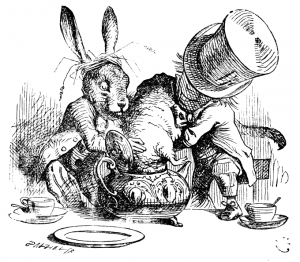 三月兔和帽匠把睡鼠的头放在一个茶壶。说明约翰坦尼尔. .礼貌的开始和JasonAQuest。