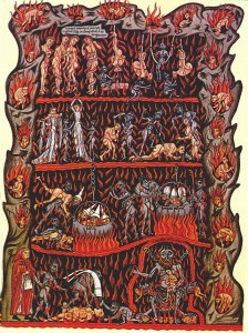 中世纪地狱的插图在兰茨堡的赫拉德的手稿Hortus deliciarum(约1180年)。维基百科提供。