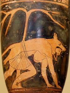 狼人古例:披着狼皮的多隆。阁楼上的红色图案花瓶，约公元前460年。由wikiccommons提供。