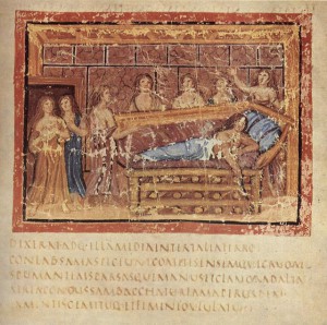 《埃涅伊德》,书第四,狄多的死亡。从Vergilius Vaticanus(梵蒂冈图书馆,鳕鱼。增值税。纬度。3225)。礼貌的开始。