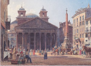 1835年，鲁道夫·冯·阿尔特拍摄的万神殿的双钟塔，经常被误认为是贝尔尼尼的作品。由Wikicommons提供