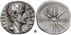 奥古斯都(c。公元前19-18)铸造的硬币;正面:凯撒AVGVSTVS,奖得主头/右相反:DIVVS IVLIV [S],与彗星(明星)的八个射线,尾巴向上。由古典钱币集团公司和开始