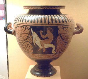 年轻aulos-player骑着海豚:红色stamnos,公元前360 - 340年,伊特鲁利亚,(国家考古博物馆,马德里). .礼貌的开始。