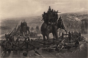 在翻越阿尔卑斯山之前，汉尼拔必须先渡过罗纳河。图片来源:1878年，亨利·莫特在《汉尼拔·巴萨》中描绘的战象穿越Rhône河。由WikiCommons提供。