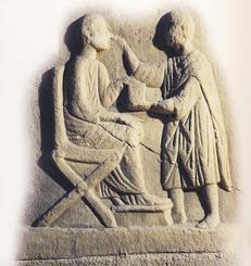 古罗马的浅浮雕牙医检查一个病人,古罗马的一个概要文件。盖蒂出版物。