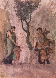 庞贝时期佩托(左)带厄洛斯到维纳斯和安特罗斯的壁画，约公元前25年，那不勒斯国家博物馆。