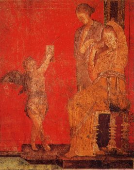一个年轻的女人坐在在仆人的帮助下整理她的头发丘比特,握着提供一面镜子反射,细节的壁画从神秘的别墅,庞贝古城,公元前50 c。。维基共享。