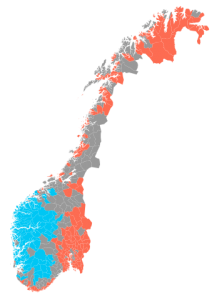 红色=书面挪威语;蓝色=尼诺斯克语;灰色=中立。(图片来自Wikimedia Commons, CC License。)