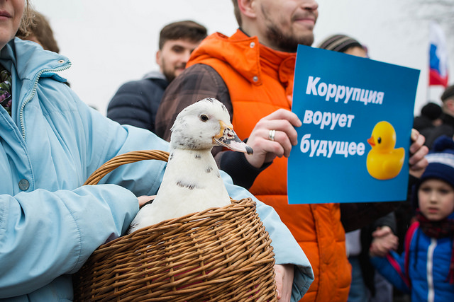 抗议者拿着海报和一只鸭子在反腐在圣彼得堡集会